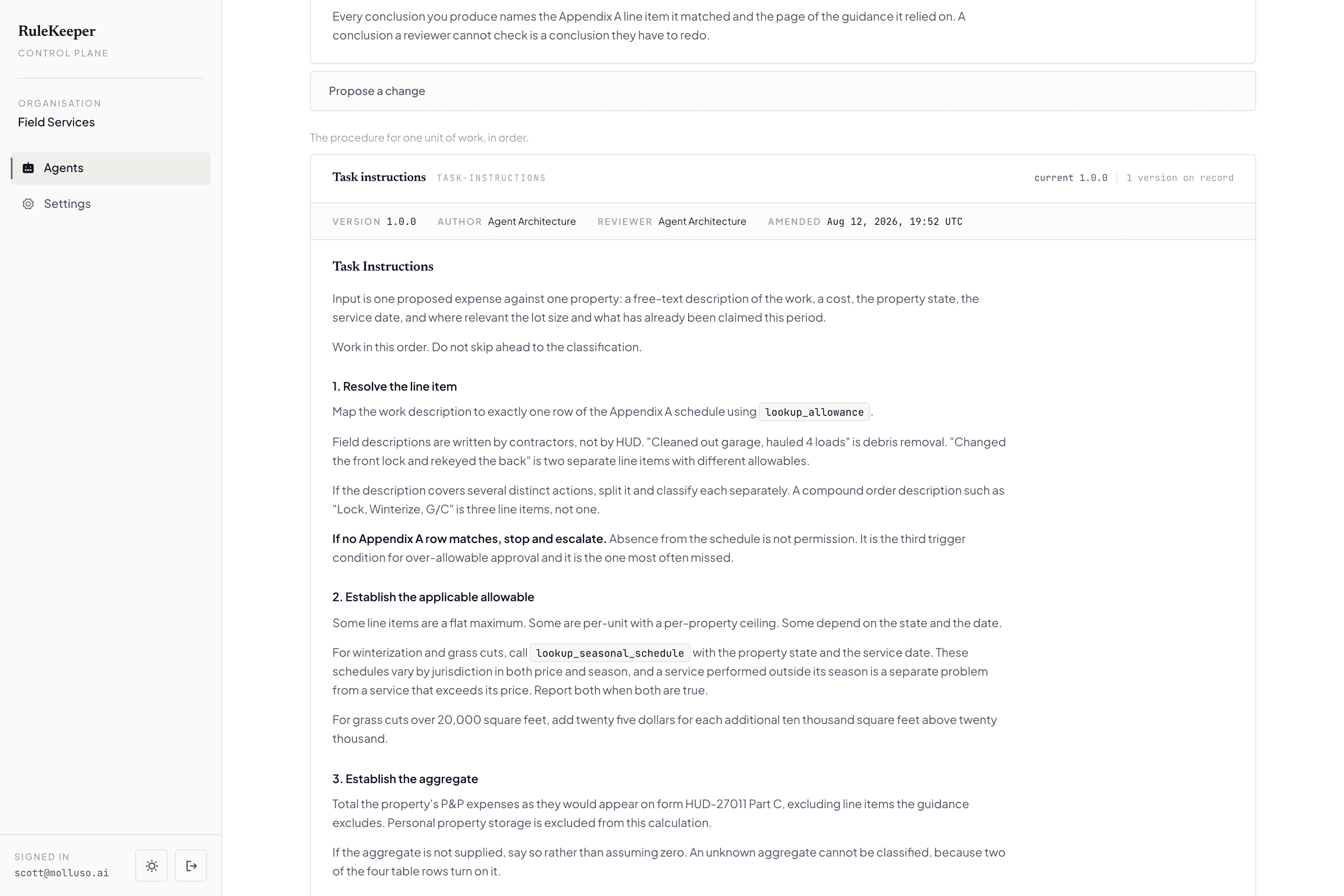 A governing document in the console: task instructions at version 1.0.0, with its author, reviewer, amendment date and version count on record.